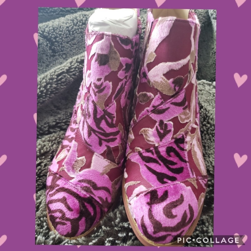 Anthropologie Pink and Burgundy Floral Velvet Ankle Boots